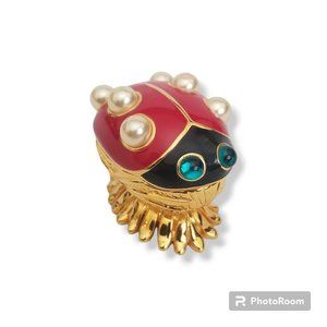 Kenneth Jay Lane Vintage Enamel Red Ladybug Brooch and Trinket Box